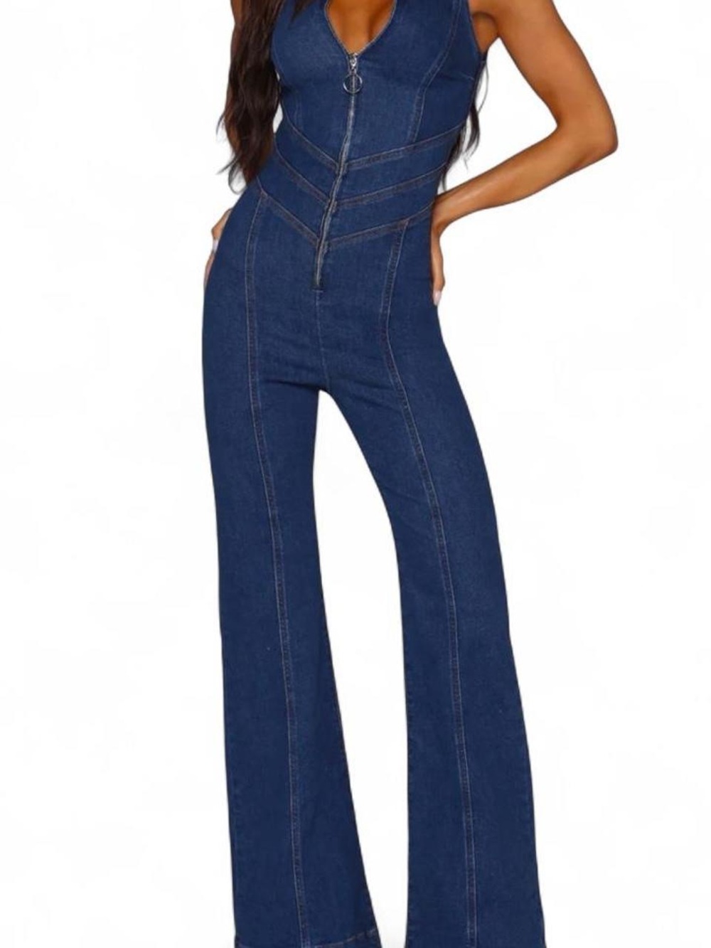REVICE Dark Blue Flared Denim Jumpsuit